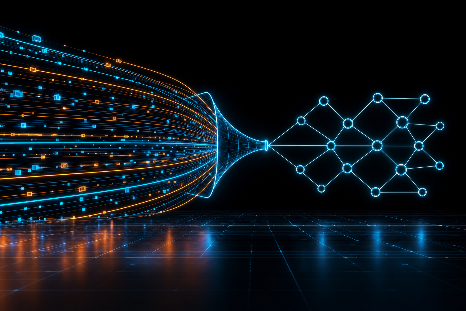 Many data streams converging through a funnel into one dependency graph