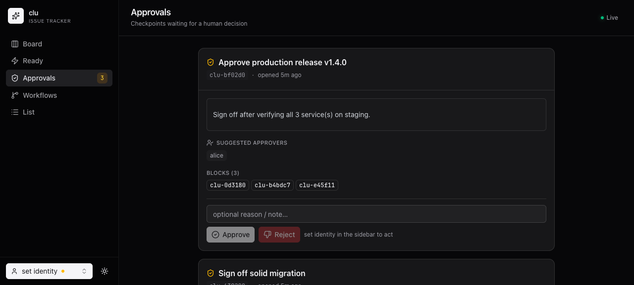 clu web — approvals view with pending checkpoint cards
