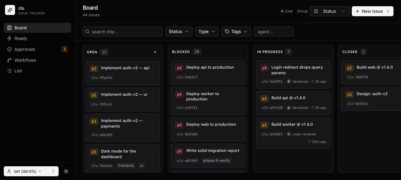 clu web — kanban board grouped by status with assignee avatars and in-progress timers