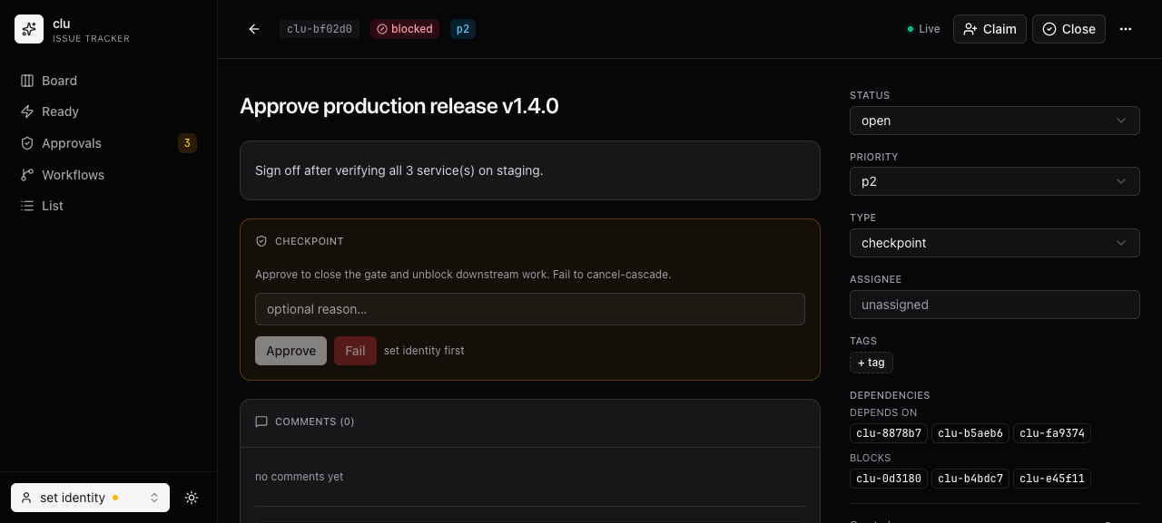 clu web — issue detail with checkpoint gate and dependency edges