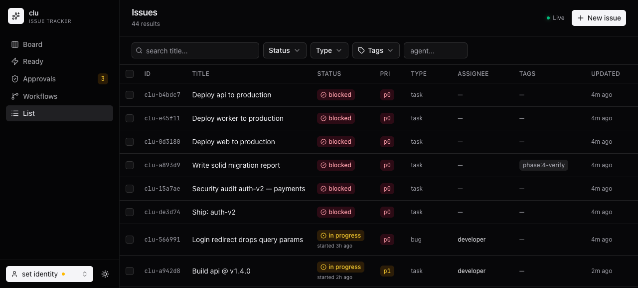clu web — issue list with priority, status, and started-at timestamps